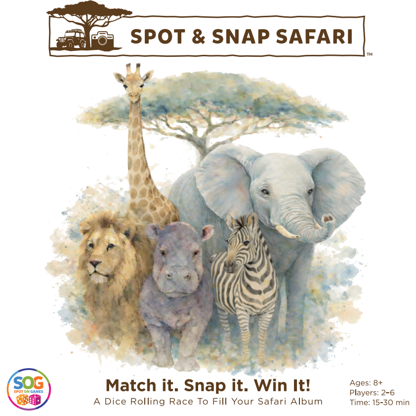 Safari-themed game cover with animals and 'Spot & Snap Safari' branding.