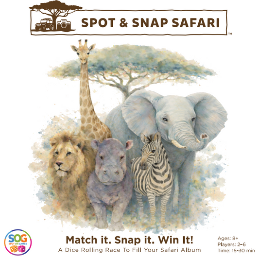 Safari-themed game cover with animals and 'Spot & Snap Safari' branding.